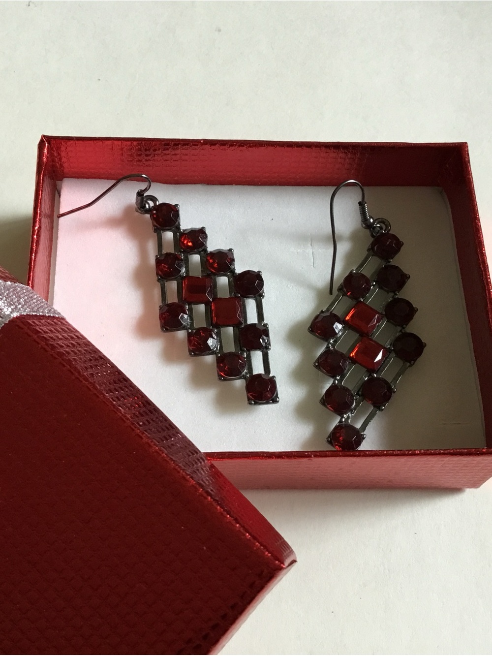 Red Crystal Grid Drop Earrings for Women